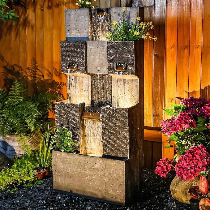 44.8" H Modern Outdoor Water Fountain with LED Lights and Pump, Mutiply-Tier Standing Cascading Waterfall - Modern Design for Garden,Patio,Yard, Multi-Level Outdoor Decor (Gray)