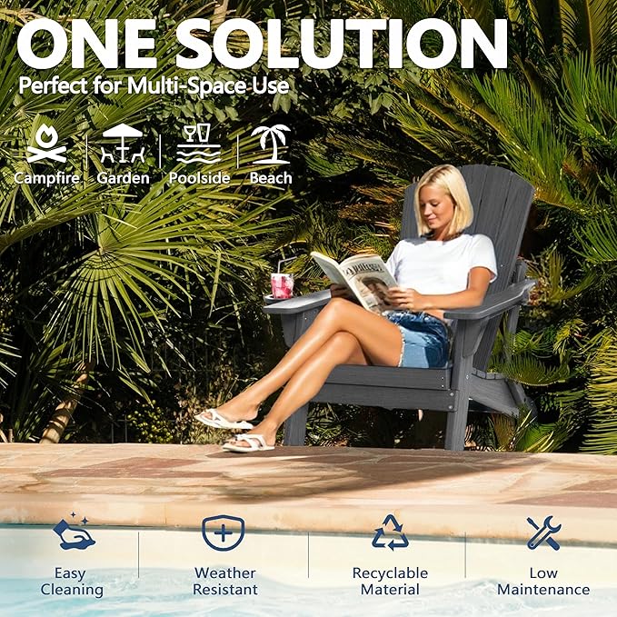 Folding Adirondack Chair with Cup Holder, HDPE All Weather Resistant Plastic Outdoor Patio Chairs, Heavy Duty Fire Pit Seating for Backyard Lawn Garden, Wooden Textured Design(Gray)