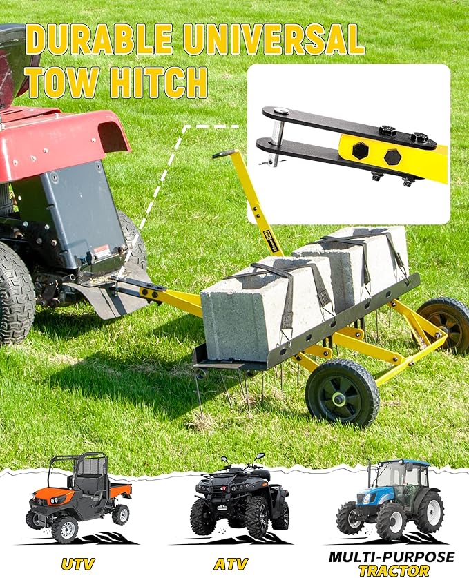 48 Inch Tow Behind Dethatcher, Pull Behind Lawn Dethatcher with 24 Spring Steel Tines, Grass Dethatcher, Removes Thatch, Riding Lawn Tractor for Large Lawns, Yard and Garden Care