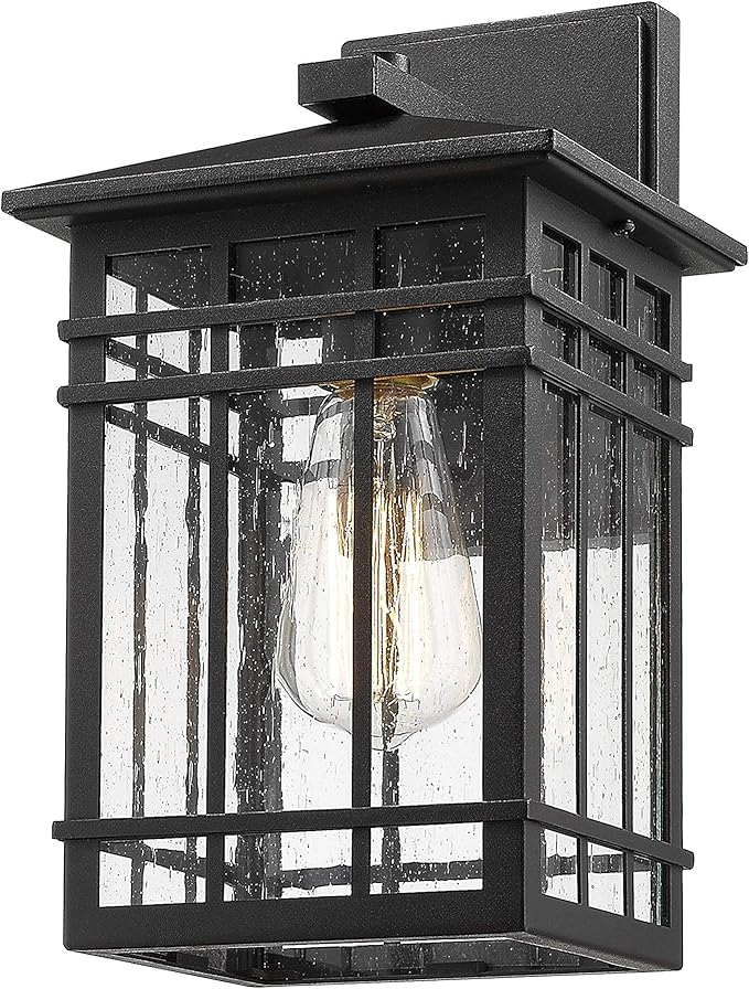 Outdoor Wall Lantern, Exterior Light Fixture Mount, 1-Light Waterproof Lighting With Seeded Glass for Porch, Garage, Patio, Hallway, Entryway, Black