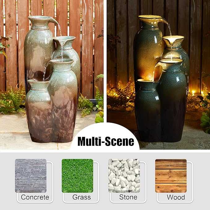 Glitzhome 30.75" H Vase Ceramic Outdoor Water Fountain with LED Lights and Pump, 4-Tier Olive Green and Brown Reactive Glaze Cascading Pots Standing Fountain for Porch Deck Garden Patio Backyard