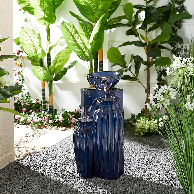 Glitzhome 26.75" H Ceramic Outdoor Water Fountain with LED Lights and Pump, Cobalt Blue Fluted Texture Cascading Waterfall Floor Standing Fountain for Porch Deck Garden Patio Backyard