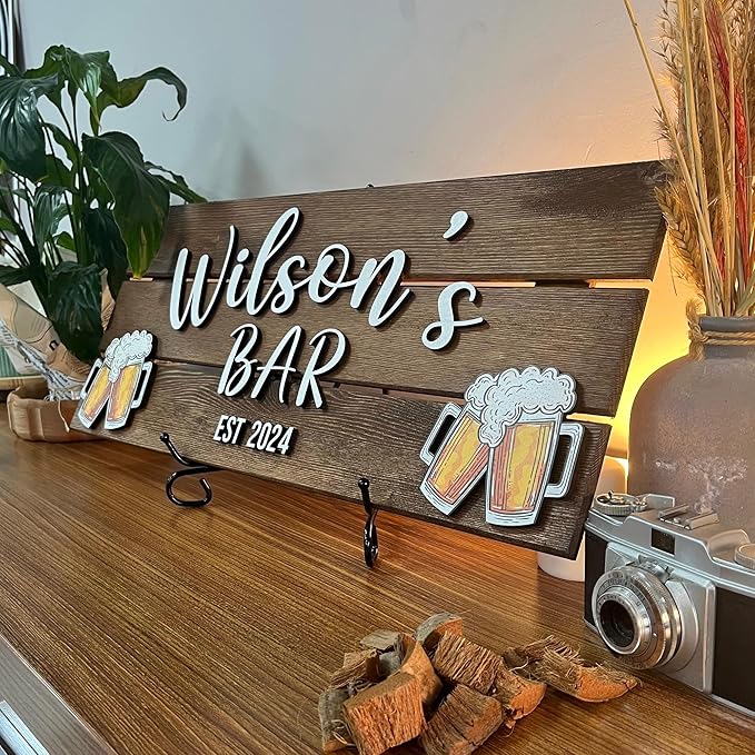 Personalized Wooden Bar Sign with Family Name, Coffee Bar Signs for Kitchen Decor, Business Sign with Established Date, Rustic Wooden Wall Decor, Custom Bar Name Plaque, Gift for Bar Owners