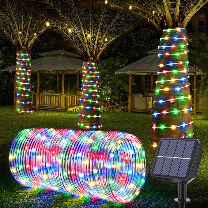 Solar Rope Lights, 66ft 200LED Solar String Lights, 8 Modes Waterproof Solar Powered Outdoor Light, Flexible Clear Tube Light for Garden, Backyard, Patio, Deck, Porch, Pool, Tree Decor - Multicolor