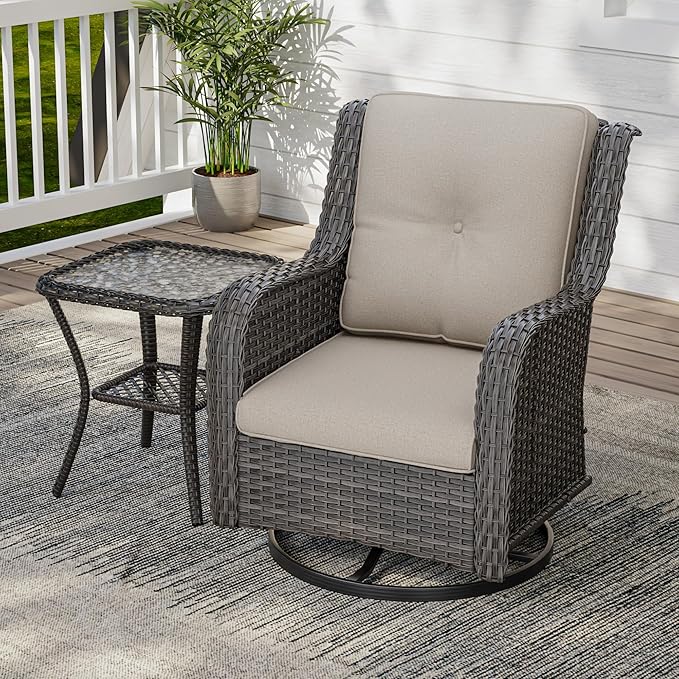 2 Pieces Outdoor Swivel Rocker Patio Chairs Set - Outdoor Wicker Patio Conversation Sets with 1 Side Table, Olefin Fabric Cushions Suitable for Backyard Deck and Porch, Beige