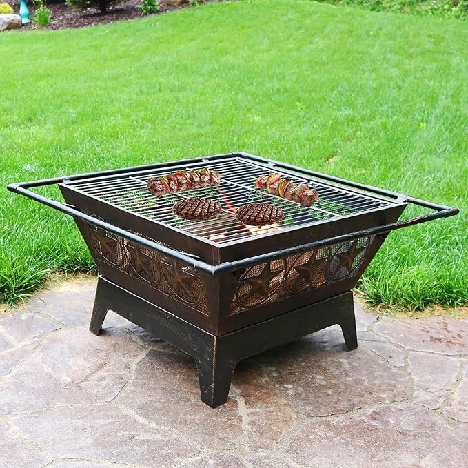 Sunnydaze Northern Galaxy 32-Inch Outdoor Fire Pit with Grill Grate, Spark Screen, and Poker - Heavy-Duty Wood-Burning Fire Pit for Outside
