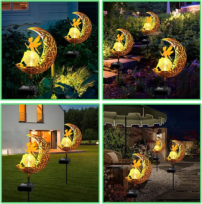 ZNYCYE Fairy Garden Lights,Decorative Solar Stake Crackle Glass Globe with Moon Fairy Decor, Pathway Stake Lights Waterproof for Walkway, Yard, Lawn, Patio or Courtyard (2 Pack)