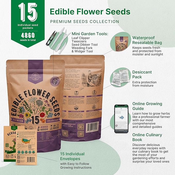 Organo Republic 15 Edible Flower Seeds Variety Pack- Indoor/Outdoor. 4800+ Non-GMO Heirloom Flower: Borage, Bishop's Flower, Chicory, Chives, Hyssop, Echinacea, Lavender Seeds & More