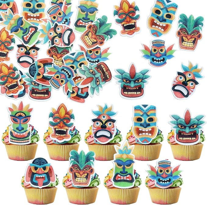 Ephlyn 54Pcs Edible Tiki Tribal Masks Cupcake Toppers Wafer Paper Hawaiian Tropical Tiki Totem Cupcake Picks Summer Aloha Birthday Cupcake Decorations Party Supplies Multicolor
