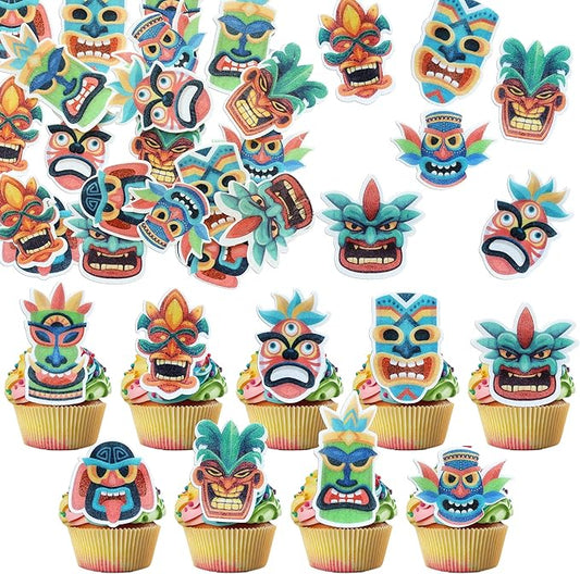 Ephlyn 54Pcs Edible Tiki Tribal Masks Cupcake Toppers Wafer Paper Hawaiian Tropical Tiki Totem Cupcake Picks Summer Aloha Birthday Cupcake Decorations Party Supplies Multicolor