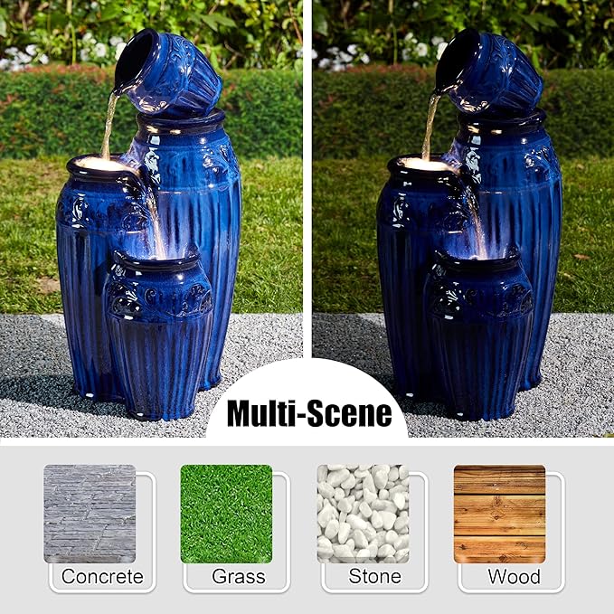 Glitzhome 27.25" H Outdoor Garden Water Fountain with LED Lights and Pump, 4 Tier Cobalt Blue Embossed Pattern Ceramic Pots Cascading Floor Standing Fountain for Porch Deck Patio Backyard Decoration