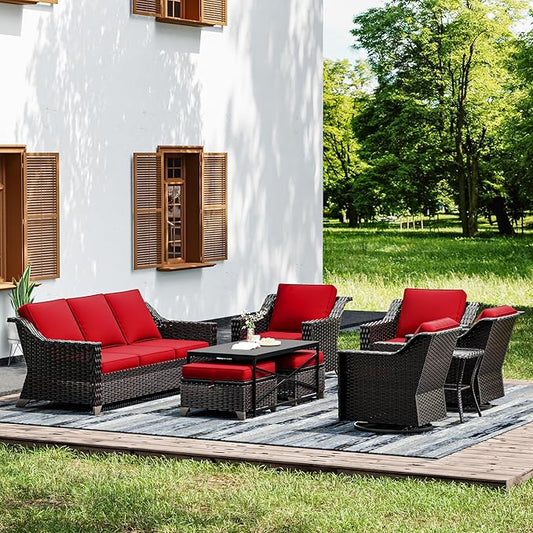 Joyside Wicker Patio Furniture Sets, 9 Pieces Upgraded Large Size Outdoor Furniture with Swivel Rocking Patio Chairs, Patio Dining Chair, 3-Seat Sofa, Outdoor Ottoman, Coffee Table, Thick Cushions