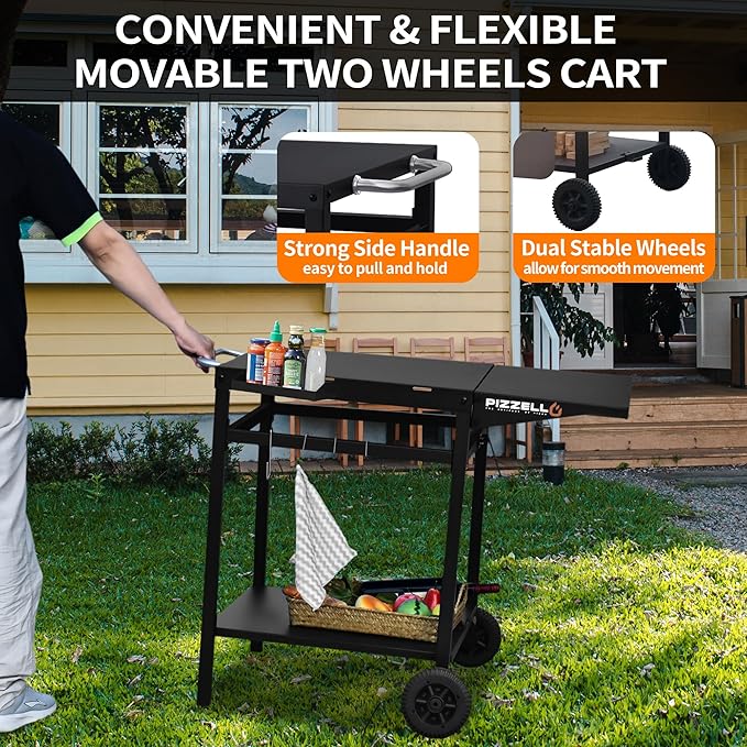 Outdoor Grill Table Cart 35" x 22" Movable Pizza Oven Stand Foldable Double-Shelf Grill Cart Food Prep Trolley Dining Cart Fit for Ooni Ninja Woodfire Blackstone Pizza Oven