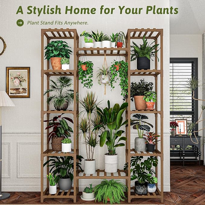 Plant Stand Indoor Outdoor 62.2“ Tall Plant Shelf Large Tiered Flower Stands for Multiple Display Wood Hanging Planter Holder for Living Room Garden Balcony Patio Decor