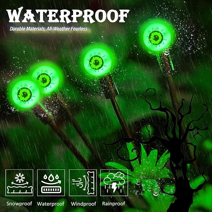 4 Pack Green Solar Eyeball Halloween Lights - Outdoor, Waterproof, Swaying Fairy Lights for Pathway, Yard, Garden Decorations
