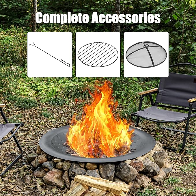 35 inch Steel Fire Bowl for DIY or Replacement Existing Fire Pits, Wood Burning Fire Pit Bowl with Spark Screen &Fire Poker, Fireplace for Backyard, Porch, Deck, Camping, BBQ (Circle Dot)