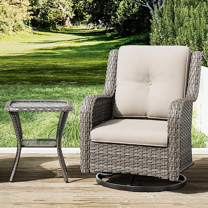 Joyside Outdoor Swivel Rocker Patio Chair and Matching Side Table - 2-Piece Wicker Patio Bistro Set with Premium Fabric Cushions(Brown Mixed with Grey/Beige)