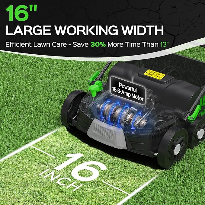 2025 Upgrade 16-Inch 15.5 Amp 2-in-1 Electric Dethatcher and Scarifier with 14.5-Gallon Collection Bag, Lawn Dethatcher with 5-Position Depth Adjustment, Keeps Lawn Healthy – Light Green