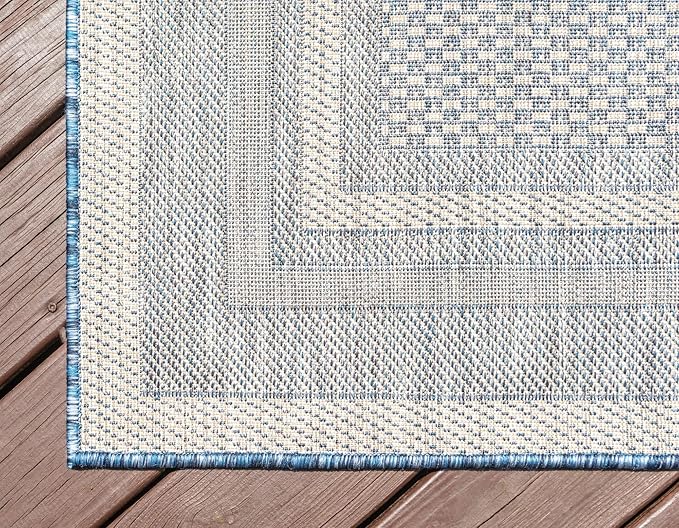 Unique Loom Outdoor Border Collection Area Rug - Soft Border (8' x 11' 4" Rectangle, Blue/ Ivory)