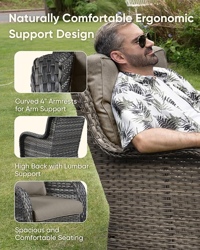 HUMMUH Outdoor Swivel Rocker Wicker Patio Chairs Set of 2, Rattan Rocking Chair Furniture Set (Grey,Grey)