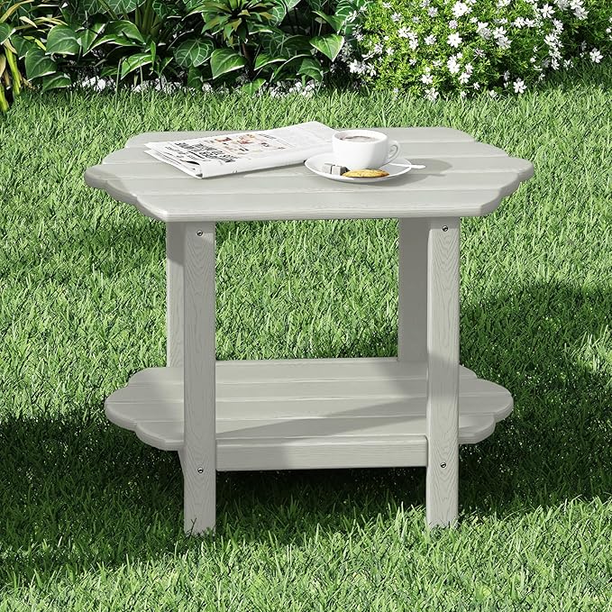 Small Outdoor Side Tables Modern 2-Tier Adirondack Table Rustic End Table HDPE Storage Shelf Industrial Corner Rectangle Coffee Table for Patio Garden Balcony Backyard Pool Farmhouse Home White
