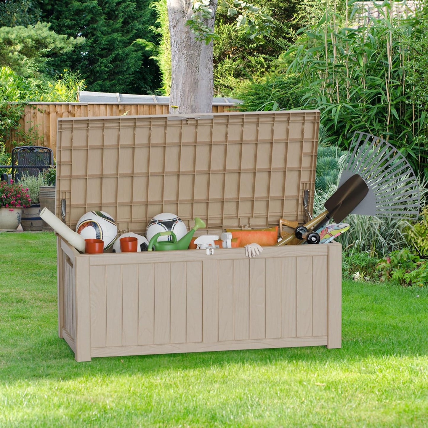 150GAL Brown Large - Capacity Outdoor Deck Box with Lock Hole – Waterproof, SGS - Certified UV Resistance, Ideal for Storing Patio Furniture Sets & Seasonal Decor, Hassle - Free Setup