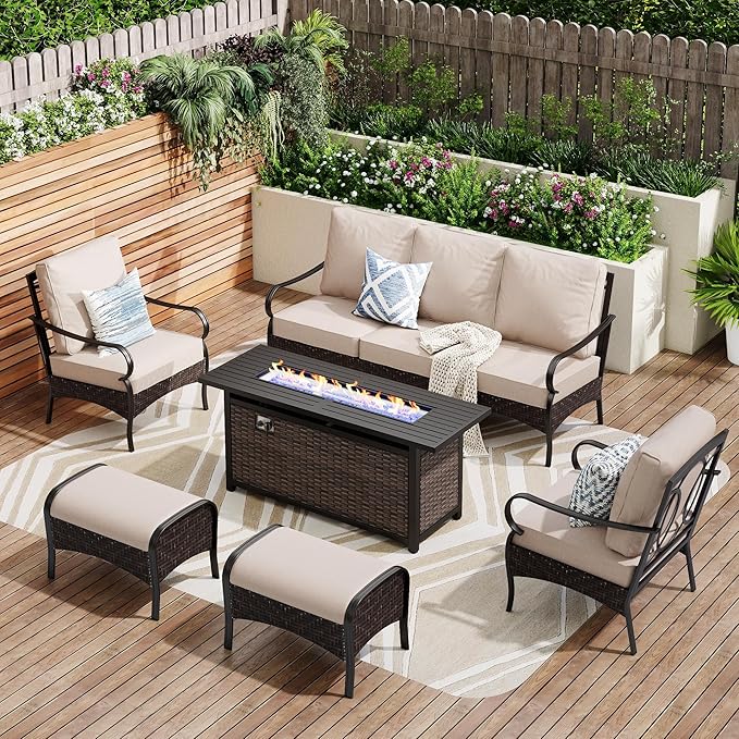 Patio Furniture Set with 56" Fire Pit Table, Premium Outdoor Wicker Metal Frame Furniture with Upgraded Waterproof Thick Cushions for Porch, Poolside, Deck, and Yard （8 Pieces,Beige）