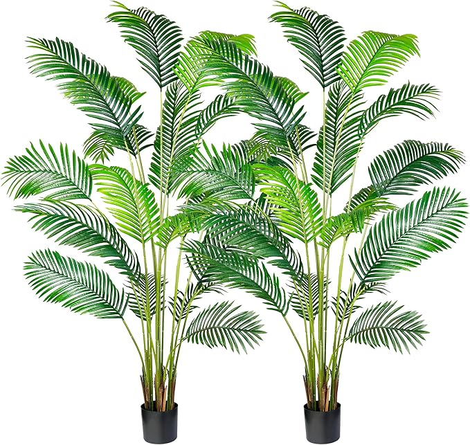 KOL 7ft 2-Pack Artificial Areca Palm Plant in Pot, Fake Tropical Cane Palm Silk Tree Indoor Outdoor, Dypsis Lutescens Plants, 82.7in Lifelike Faux Silk Plant Home Garden Decoration, Housewarming Gift