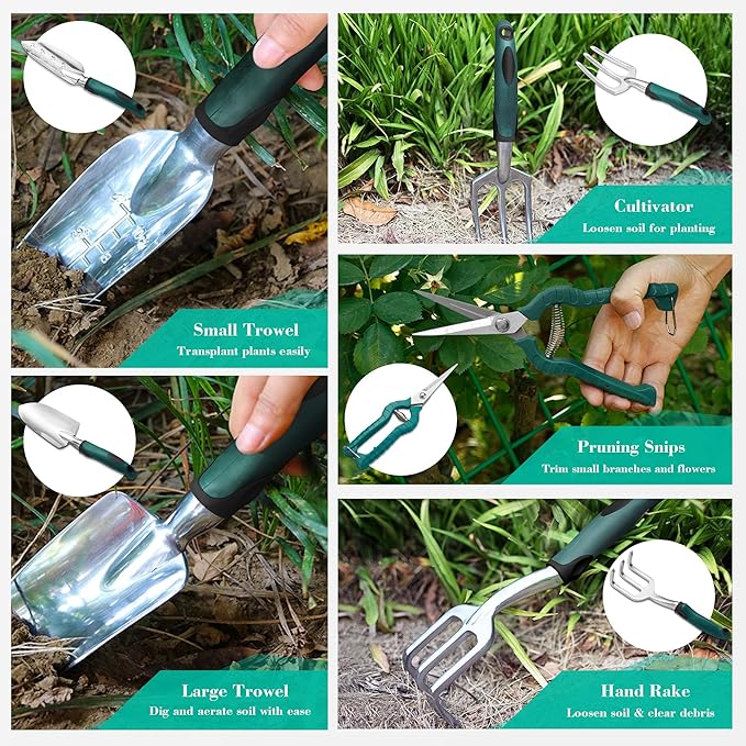 FiveJoy Garden Tool Set, 11 PCS Aluminum Gardening Hand Tools with Tote Bag, Ergonomic Handle, Gift for Women, Men, Mom, Dad, Garden Starter Kit