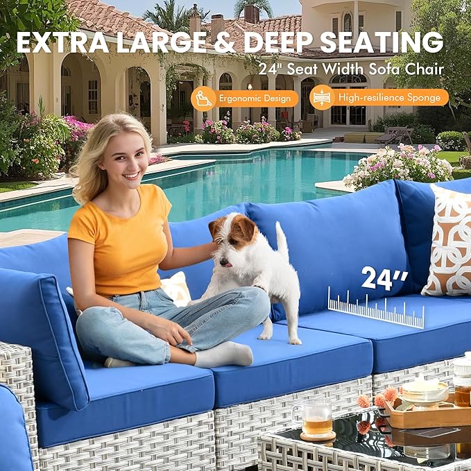 Outdoor Sectional Patio Furniture Set with Swivel Rocking Chairs,10 Pieces Wicker Conversation Sets L Shaped Couch Out Door Sofa Set Outside Furniture for Garden Deck Yard Porch,Navy Blue