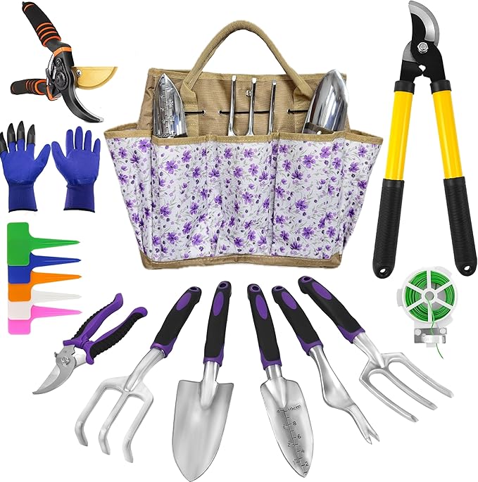 Gardening Tools – 42 Piece Premium Gardening Tool Set,Heavy Duty Hand Tools with Fashion Garden Tools Organizer Handbag,Rust-Proof Gardening Tool Kit, Ideal Gardening Gifts for Women((Purple Floral)