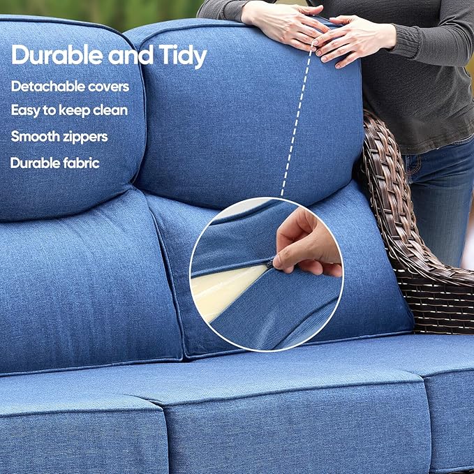 Swivel Patio Chairs sofa Set of 6 - 6" Thick Cushion - Wicker Outdoor Swivel Rocker Patio Chair ,Sofa/Glass coffee table, High Back Comfortable Outdoor Glider Chairs - Brown Wicker Blue Cushions