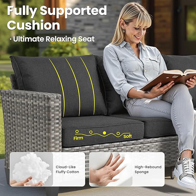 ovios 8 Pieces Patio Furniture Set Outdoor Sofa Couch with Solar Lights Table Comfy Cushions, Modern Deep Seat Wicker Rattan Conversation Set for Porch Deck, Black