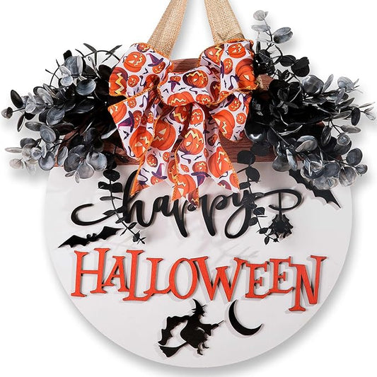 Halloween Door Hanger Sign Wooden Welcome Decor with Bat - Fall Wreaths for Front Door Hanging Decorations for Happy Halloween Party Indoor Outdoor Wall Decor Supply