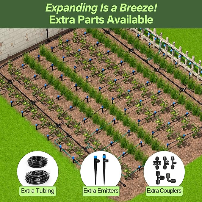 Bonviee 65FT Drip Irrigation System with Quick Connector- New Automatic Drip Irrigation Kits Garden Watering System for Raised Bed Garden Greenhouse with 1/4'' Tubing, Drip Emitters, Connectors