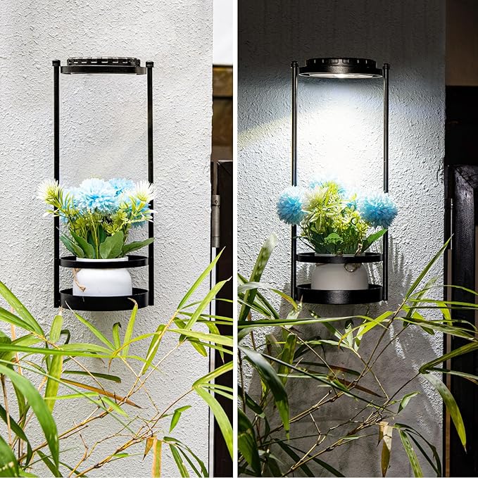Solar Yard Wall Light with Plant Stands, Wireless Outdoor Solar Wall Lamp with 2 Modes & IP45 Waterproof Dusk to Dawn LED Outdoor Solar Lights for Garden Patio Yard Decoration (1Pack)