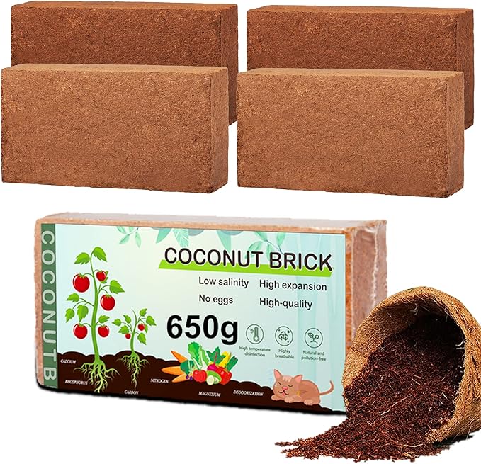Premium Coco Coir Brick, 1.4Lb High Nutrinent Coconut Soil, OMRI 100% Organic Low EC & PH Balanced Potting Soil for All Plants Gardening, Hydroponics and Reptile Substrate (650G x 4)