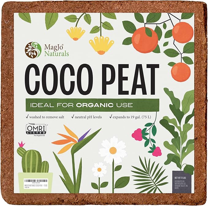 MagJo Naturals 100% Pure Coco Coir (Coco Peat) 11 Pound Block (5kg, OMRI Listed for Organic Gardening, Coconut Coir - Low EC and pH Balance - High Expansion Coco Fiber for Herbs, Flowers, Planting