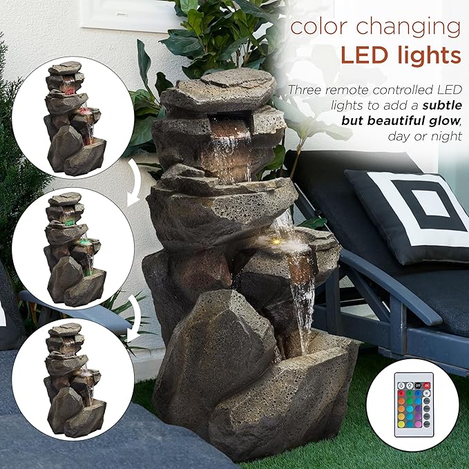 Alpine Corporation WIN1184 40" 3-Tier Outdoor Rock Waterfall Floor Fountain with Color-Changing LED Lights, Cascading Water Feature for Gardens, Patios, and Yards, Gray