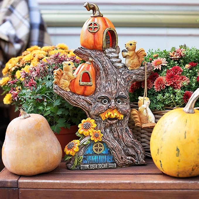 TERESA'S COLLECTIONS Fall Decor, Pumpkin Decor, Tree Spirit and Squirrels Pumpkin House with Solar Lights, Outdoor Fall Decor Waterproof Resin, Fall Gift Outdoor/Indoor,11"