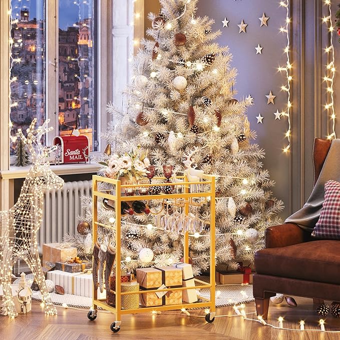 TUTOTAK Bar Cart, Serving Cart for Home, Drink Cart, Mobile Kitchen Shelf with Wine Rack and Glass Holder, Rolling Beverage Cart, Gold BC01BB031