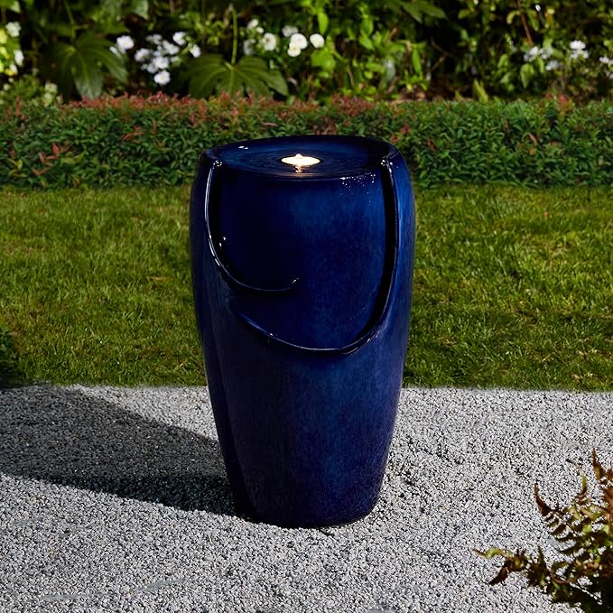 Glitzhome Ceramic Vase Outdoor Water Fountain Tall Patio Garden Water Fountain with LED Light and Submersible Pump Yard Art Decor, 20.5”H, Blue