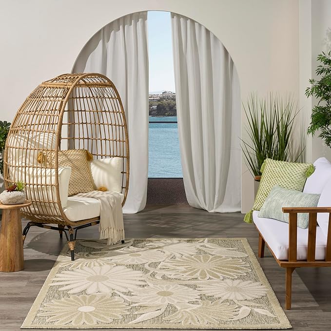 Nourison Aloha Ivory Sage 3'6" x 5'6" Area Rug - Easy Clean, Non Shedding, Bed Room, Living Room, Dining Room, Kitchen (4' x 6')