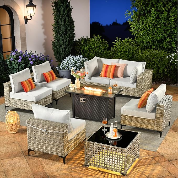 Outdoor Sectional Patio Furniture Set with Fire Pit Table and Glowing Table,8 Pieces Wicker Conversation Sets L Shaped Couch Out Door Sofa Set Outside Furniture for Garden Deck Yard,Grey