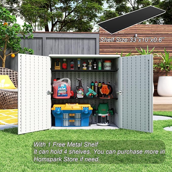 HOMSPARK Indoor/Outdoor Storage Cabinet with Doors and Shelf, 34”x16”x36” HDPE Plastic Storage Box for Patio, Bedroom, Bathroom, Living Room, Balcony, Multi-Purpose for Daily Tools, White