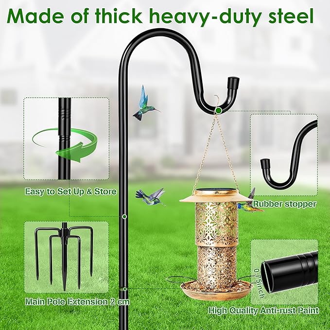 XDW-GIFTS Bird Feeder Pole for Outdoor, 2-Pack 92 Inch Shepherds Hooks Heavy Duty Garden Pole for Hanging Plant Basket, Solar Light Lanterns, Garden Plant Hanger Stands with 5 Base Prongs