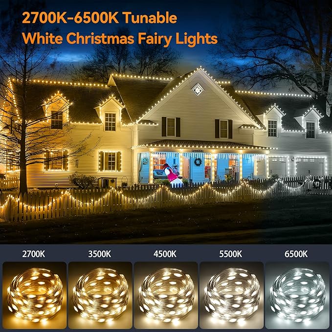 HOUHUI Fairy Lights Plug in,50Ft Warm to Cool White Indoor Outdoor String Light with Remote,8 Modes 2700K-6500K Dimmable White Fairy Twinkle Lights IP67 Waterproof for Christmas Bedroom Party Decor
