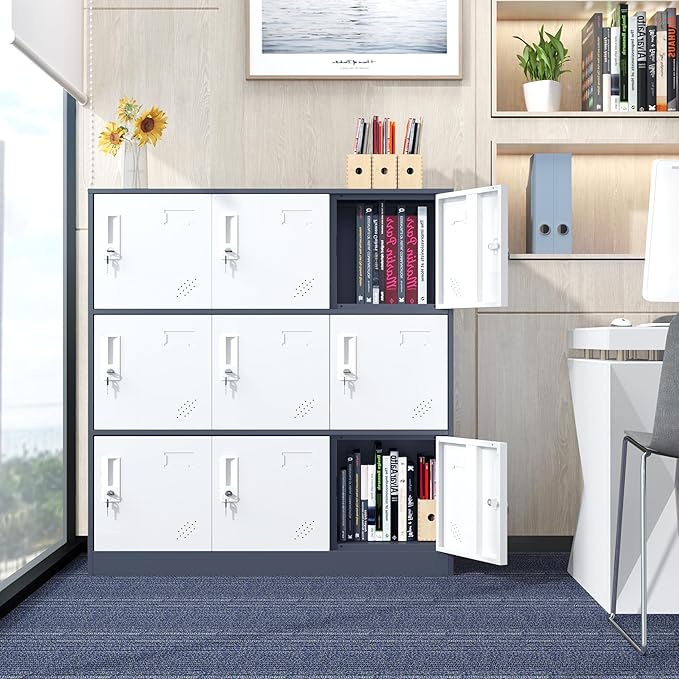 9 Door Metal Storage Locker for Employee,School,Office,Gym,Garage,Locker Cabinet with Lock and Card Slot (9 Door, Grey)