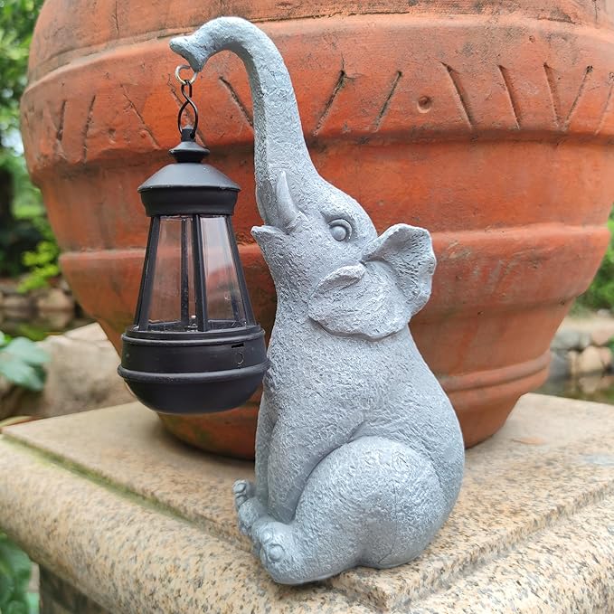 Elephant Solar Garden Statues,Resin Elephant Figurine Decorations with Solar Lights Lantern, Outdoor Elephant Decor Art for Lawn,Yard, Unique Housewarming Gift for Garden Home, VY-0617