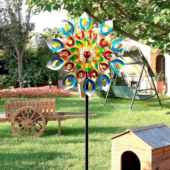 Wind Spinners, Large Metal Windmill 24" Dia 84" High, Outdoor Wind Sculpture & Spinners for Yard Garden Decor(Double Sided)